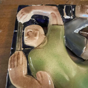 RENE BOSCHMANS pour COCERAM, série complète de 4 sculptures bas-relief, franc-maçonnerie, ca 1950