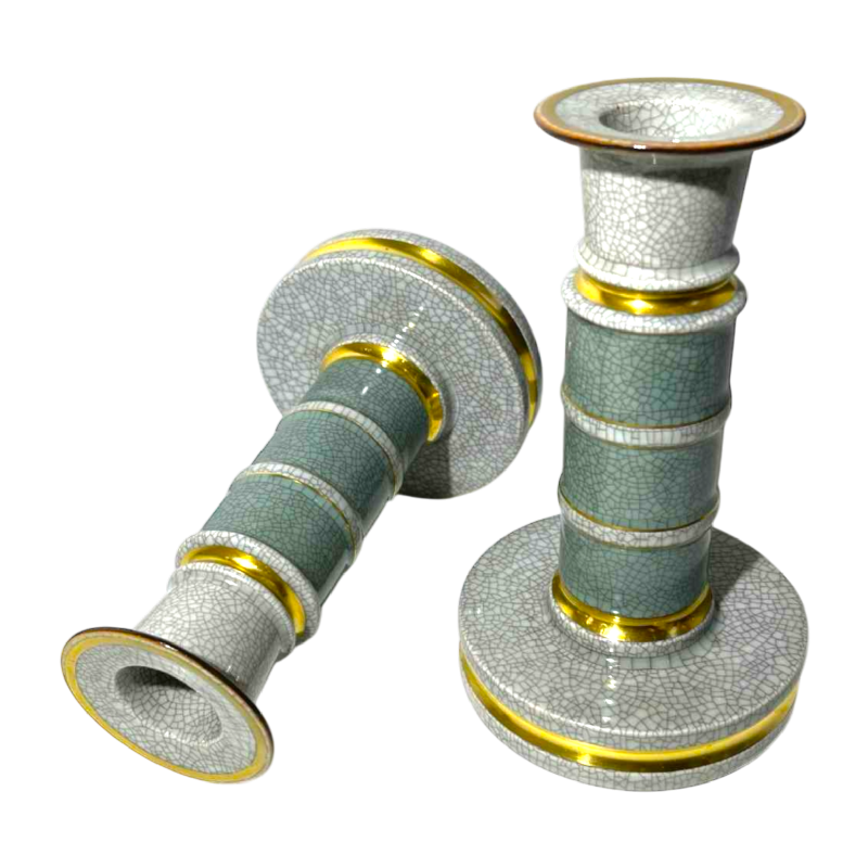 ROYAL COPENHAGEN Denmark, pair of Art Deco candlesticks, green / gold crackled polychrome ceramic, ca 1940 / 1950