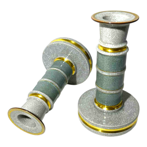 ROYAL COPENHAGEN Denmark, pair of Art Deco candlesticks, green / gold crackled polychrome ceramic, ca 1940 / 1950