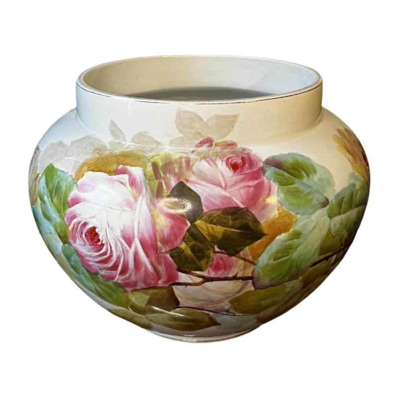 Verbanum Stone Laveno, grand cache-pot de´cor floral "Roses" en céramique faience, ca 1900