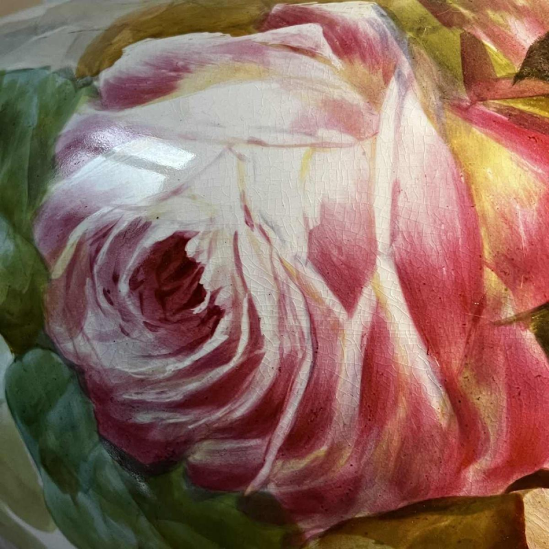 Verbanum Stone Laveno, grand cache-pot de´cor floral "Roses" en céramique faience, ca 1900