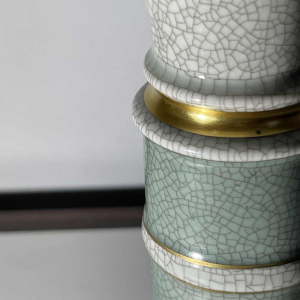 ROYAL COPENHAGEN Denmark, pair of Art Deco candlesticks, green / gold crackled polychrome ceramic, ca 1940 / 1950