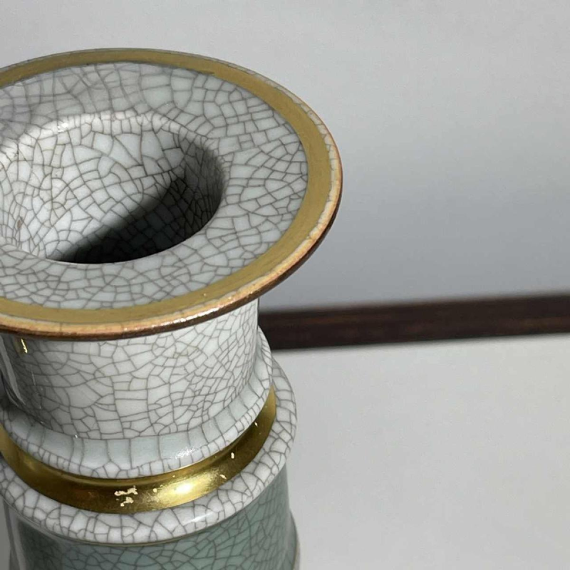 ROYAL COPENHAGEN Denmark, pair of Art Deco candlesticks, green / gold crackled polychrome ceramic, ca 1940 / 1950