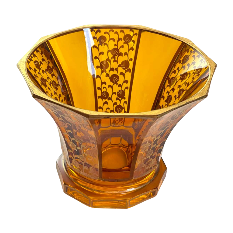 Moser Karlsbad, vase Art Déco, cristal taillé moderniste, couleur topaze, décor floral géométrique stylisé doré, ca 1930