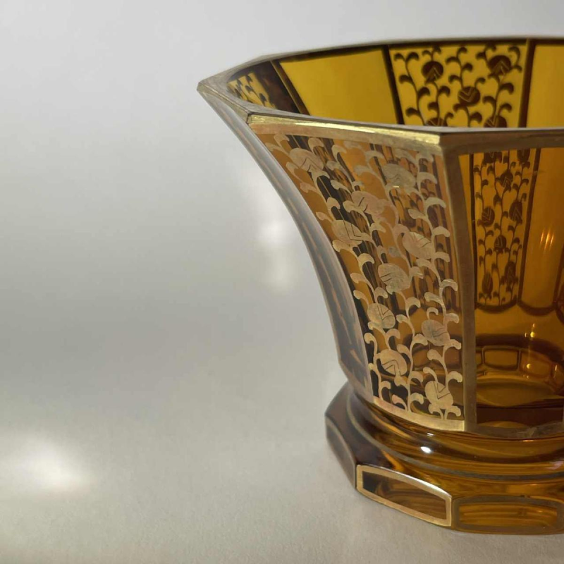 Moser Karlsbad, Art Deco vase, modernist cut crystal, topaz colour, gilded stylised geometric floral decoration, ca 1930