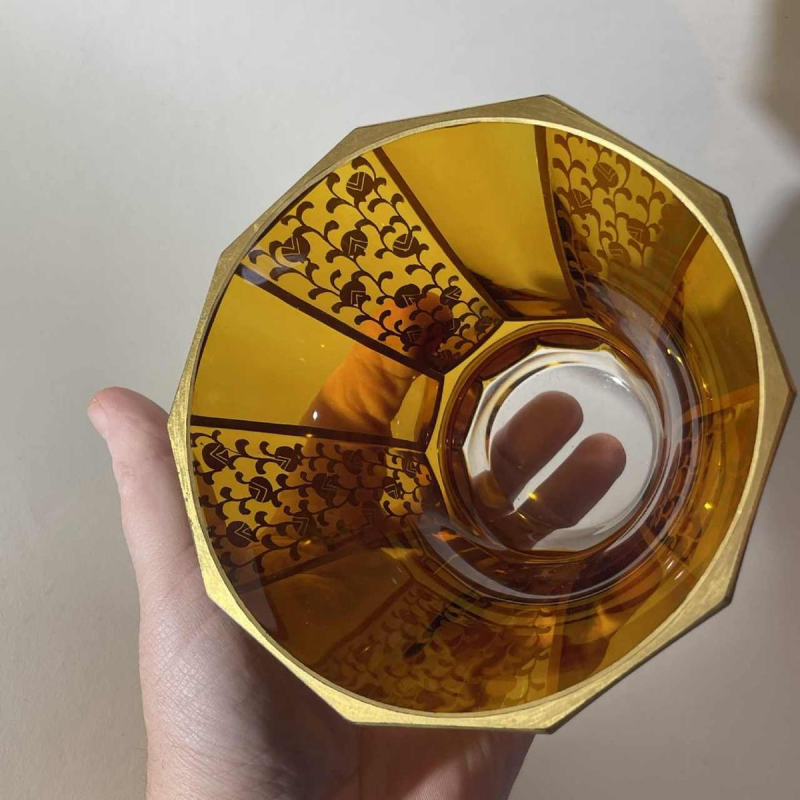 Moser Karlsbad, Art Deco vase, modernist cut crystal, topaz colour, gilded stylised geometric floral decoration, ca 1930