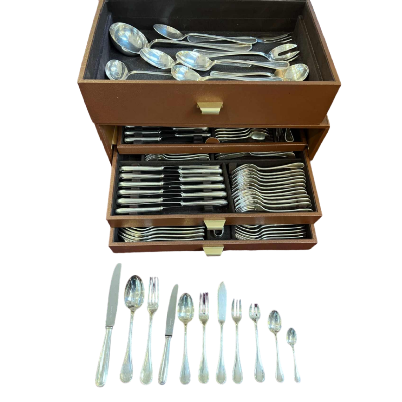 Christofle, modèle « Perles » 147 pces argenterie, ménagère couverts de table en métal argenté