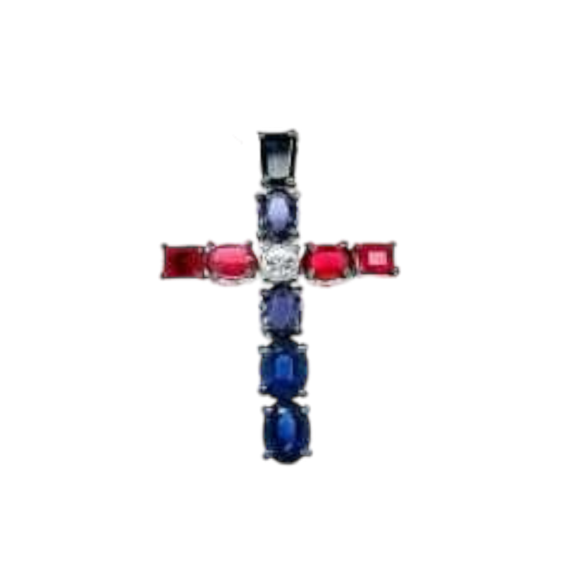 Pendentif "Croix" ornée de saphirs bleus, rubis et diamants