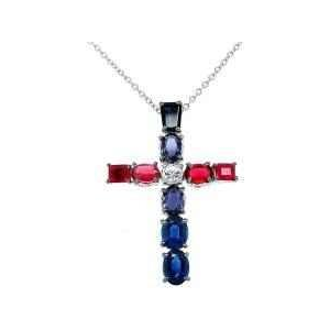Pendentif "Croix" ornée de saphirs bleus, rubis et diamants
