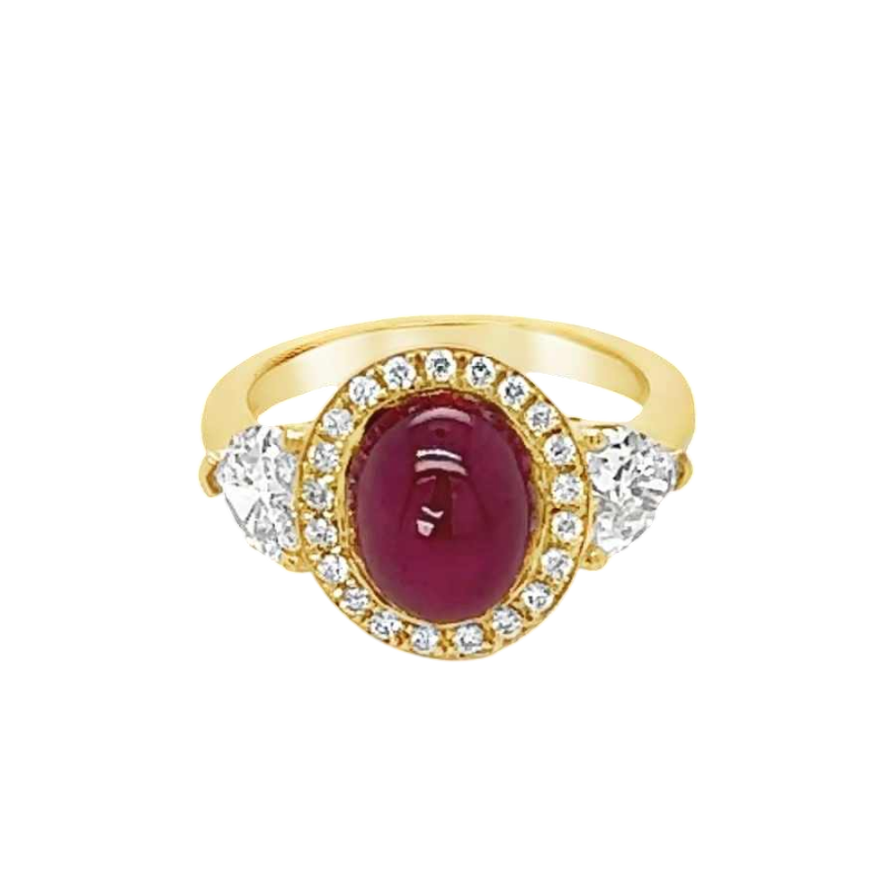Yellow gold cabochon ruby ring with diamonds & heart-shaped diamonds