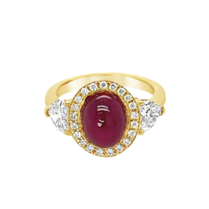 Yellow gold cabochon ruby ring with diamonds & heart-shaped diamonds