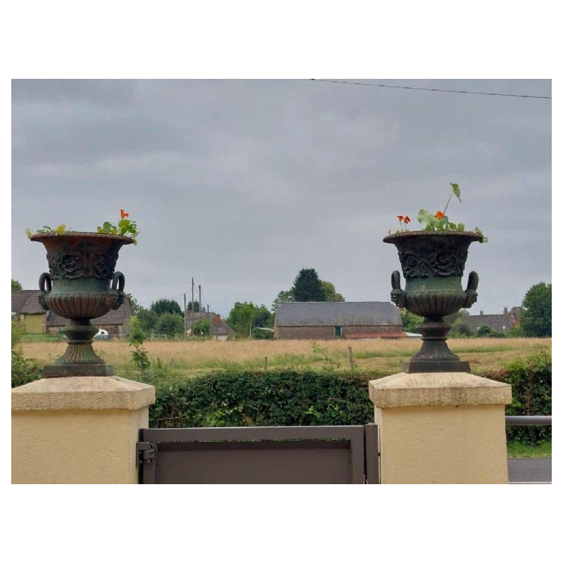 Pair of large cast iron urns, planters