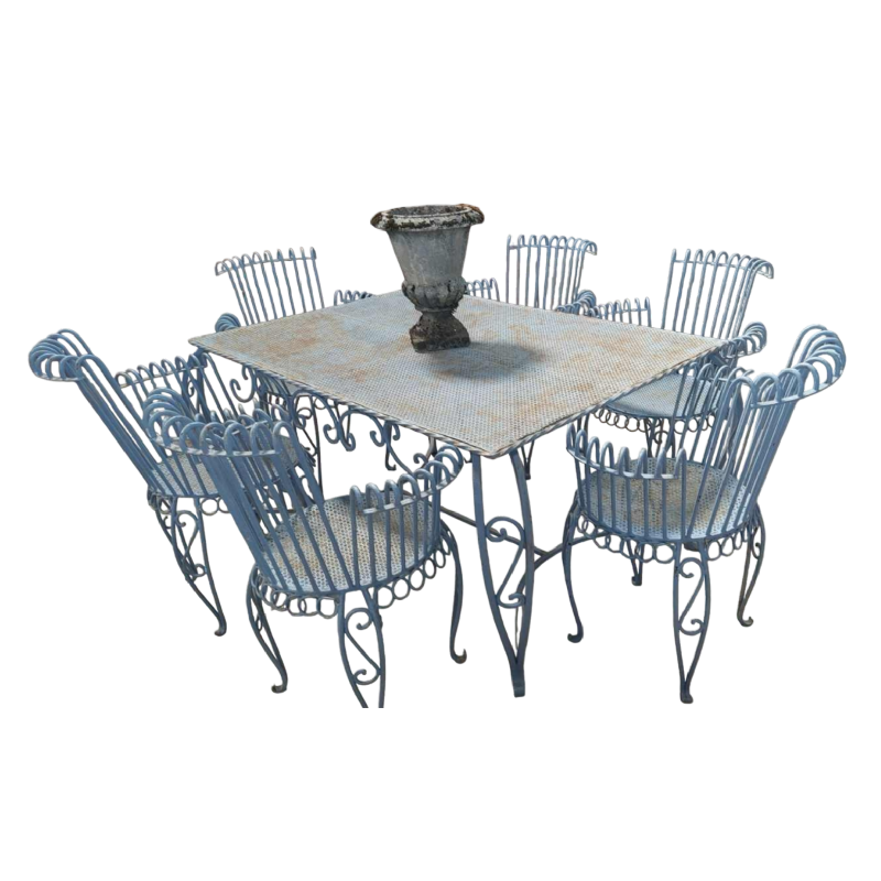Blue wrought iron garden furniture in the Cap d'Ail style, 6 scrolled armchairs and 1 table, ca 1950