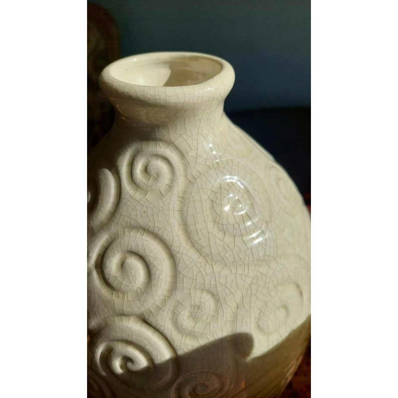 Saint-Clément, pair of cracked ceramic ovoid vases, olive gravé model, ca 1920/30