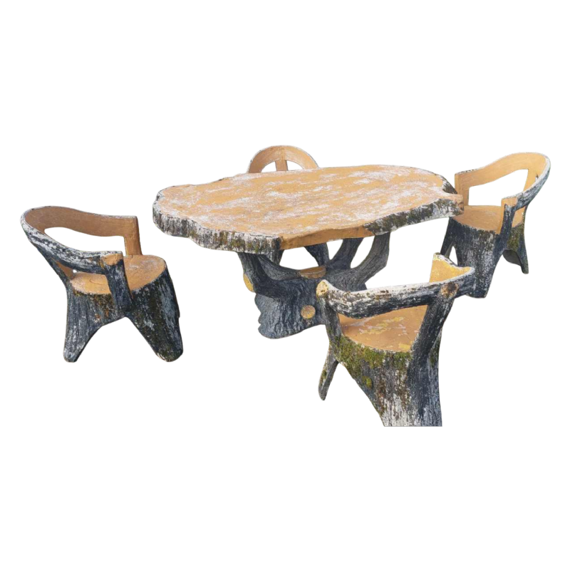Salon de jardin 'Bois, arbre, branches, tronc' table et 4 chaises en béton, XXe s