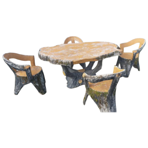 Salon de jardin 'Bois, arbre, branches, tronc' table et 4 chaises en béton, XXe s