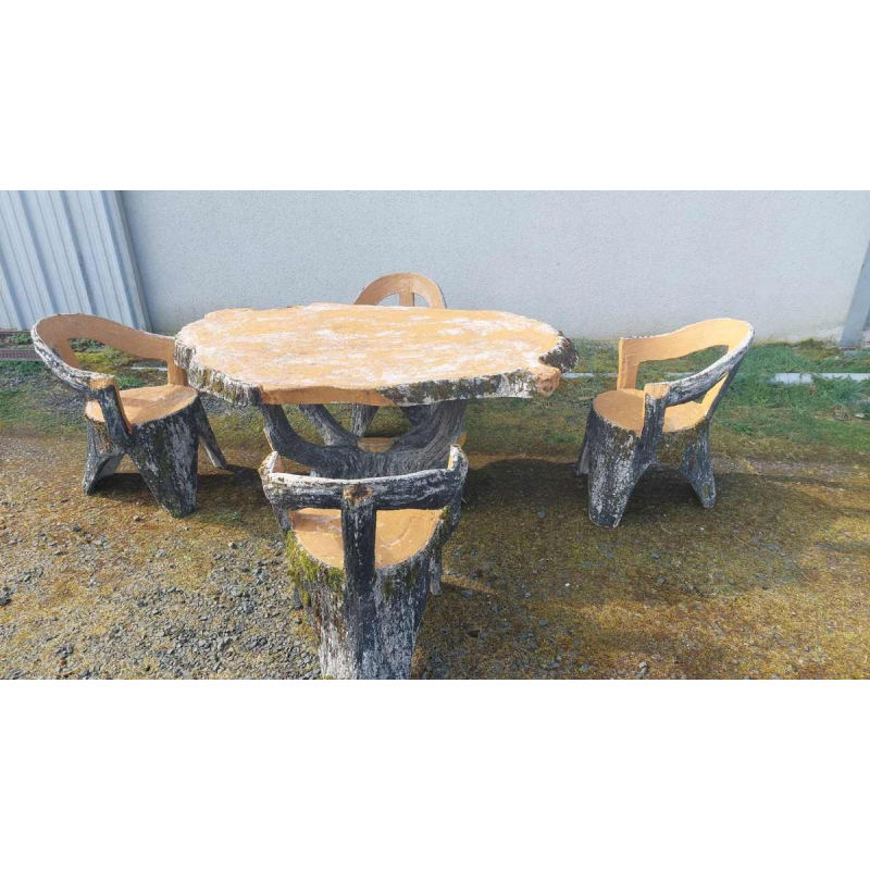 Tuinmeubelset 'Hout, boom, takken, stam' betonnen tafel en 4 stoelen, 20ste eeuw