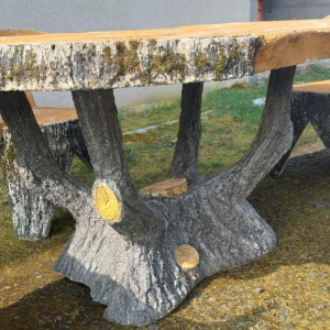 Salon de jardin 'Bois, arbre, branches, tronc' table et 4 chaises en béton, XXe s