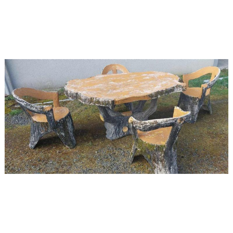 Tuinmeubelset 'Hout, boom, takken, stam' betonnen tafel en 4 stoelen, 20ste eeuw