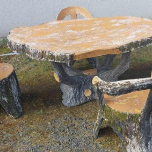 Garden furniture set Wood, tree, branches, trunk concrete table and 4 chairs, 20th c