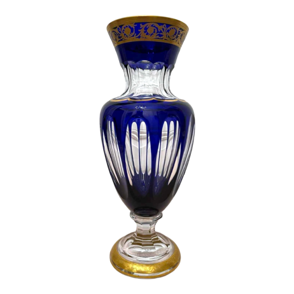 Saint Louis "Modèle Pompéi" vase en cristal clair bleu et doré sur piédouche