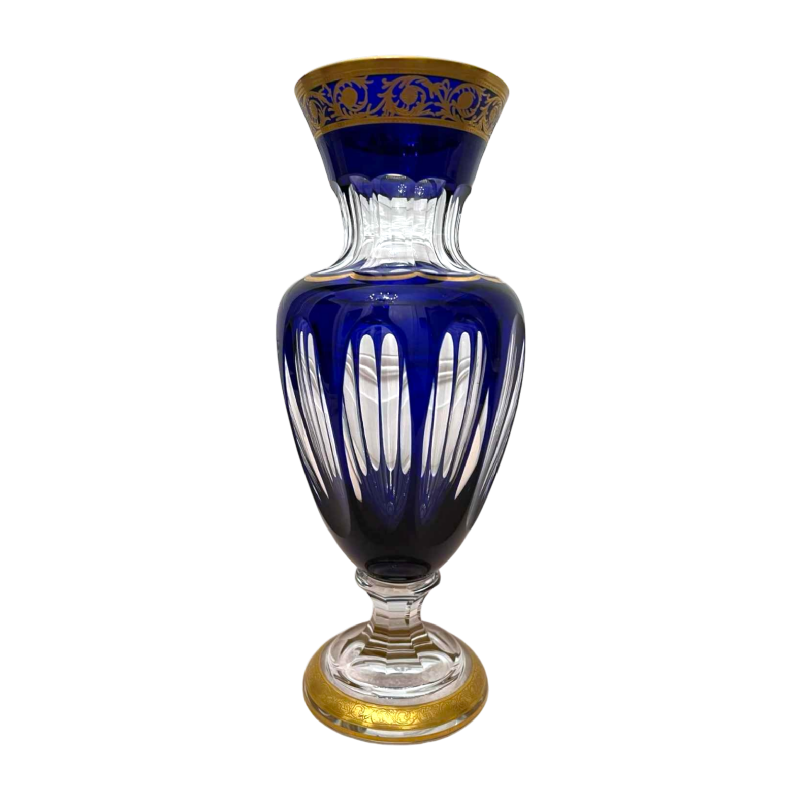 Saint Louis "Modèle Pompéi" vase en cristal clair bleu et doré sur piédouche