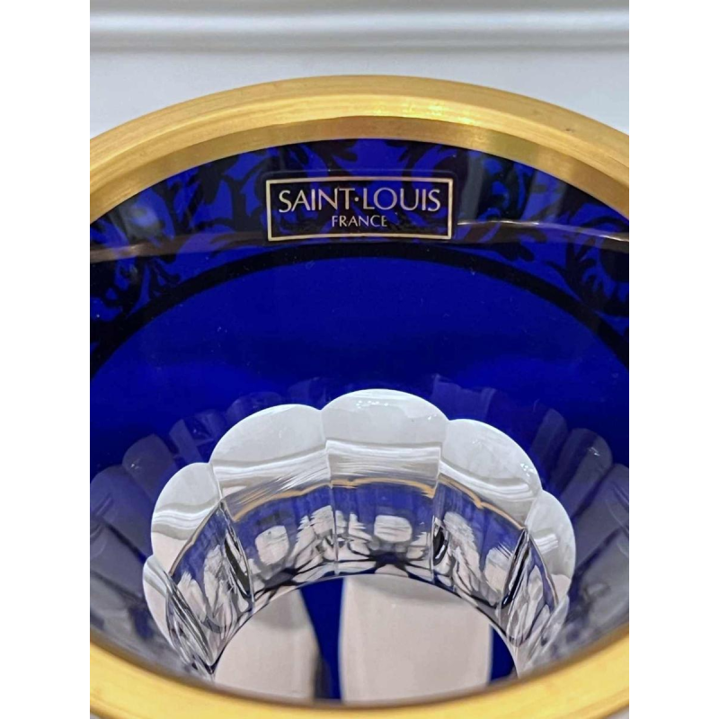 Saint Louis "Pompeii Model" blue and gilded clear crystal vase on pedestal