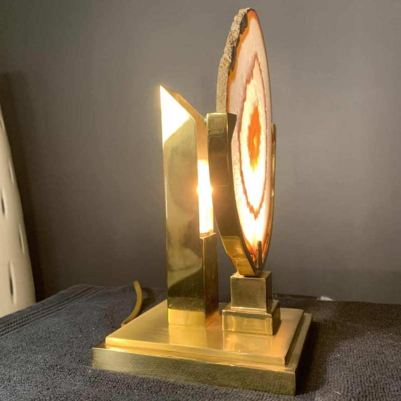 WILLY DARO (attribué), Lampe à poser Agate Géode Laiton, Hollywood Regency 1970