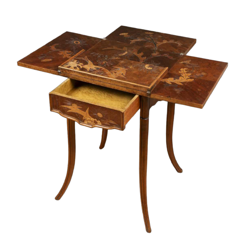 Emile Gallé, Art Nouveau walnut games table, marquetry and veneer, floral decor and thistles