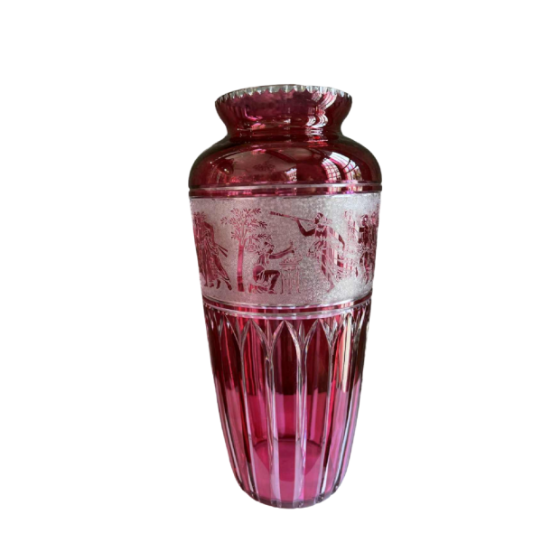 VAL SAINT LAMBERT - Léon LEDRU Viennese clear crystal vase with red lining, ca 1905