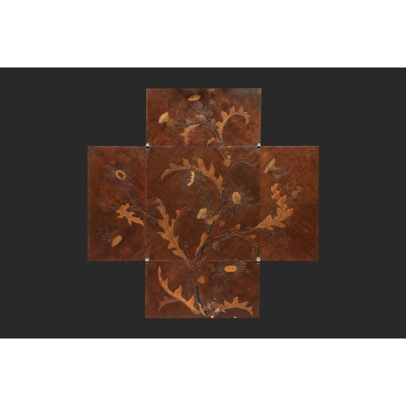 Emile Gallé, Art Nouveau walnut games table, marquetry and veneer, floral decor and thistles