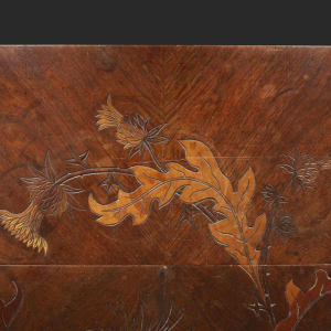 Emile Gallé, Art Nouveau walnut games table, marquetry and veneer, floral decor and thistles