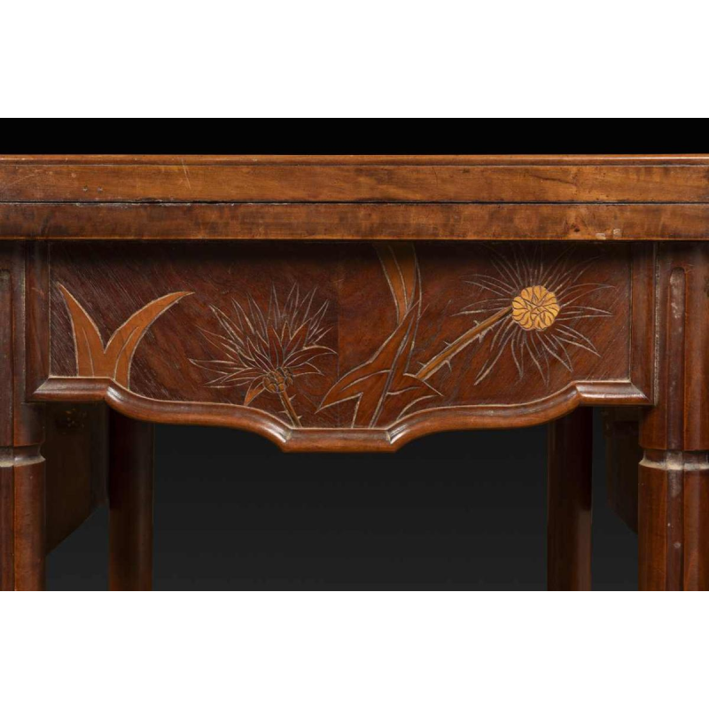 Emile Gallé, Art Nouveau walnut games table, marquetry and veneer, floral decor and thistles