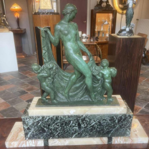 Raymonde Guerbe 'Nude woman with drapery and cherubs' Art Deco green patina bronze sculpture, ca 1930