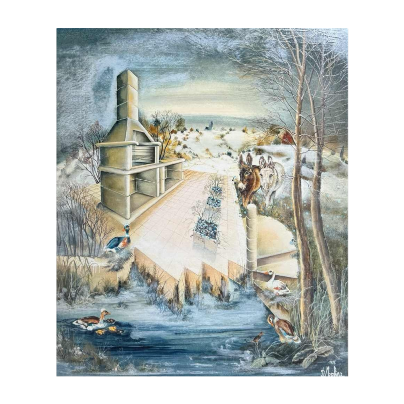 Danielle MOLINA « Paysage estival avec ânes» peinture huile sur panneau