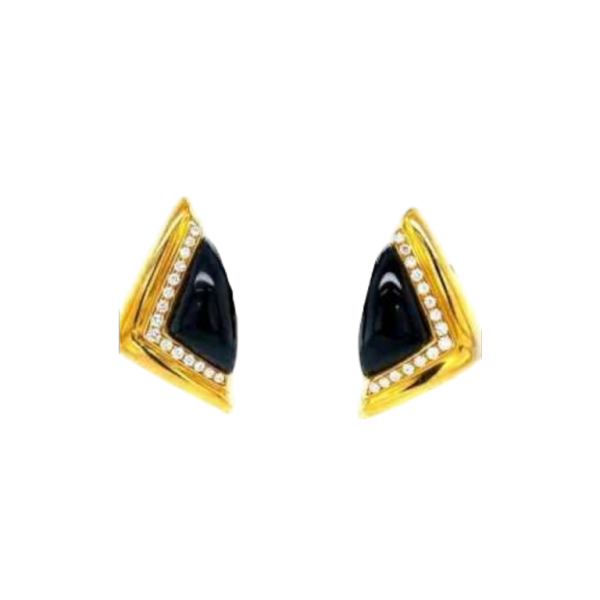 Pair of earrings in yellow gold, diamonds & black onyx