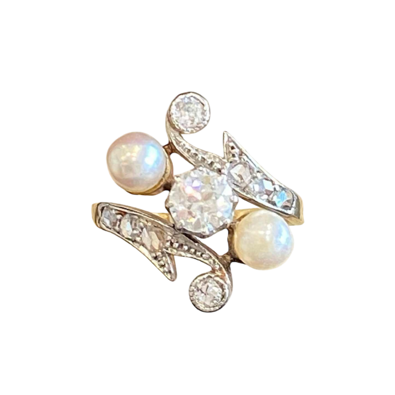 Bague belle époque “toi & moi“ or et platine, diamant taille ancienne & perles, ca 1900