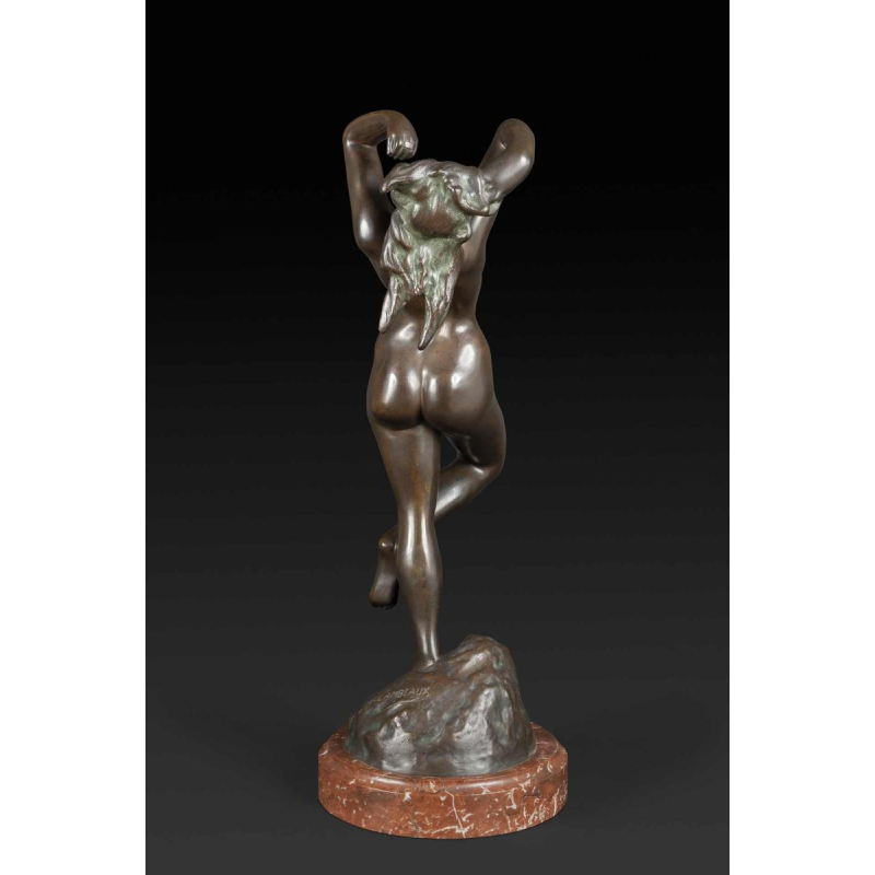 JEF LAMBEAUX "De castagnettendanser" naakte vrouw bronzen sculptuur, eind 19e eeuw