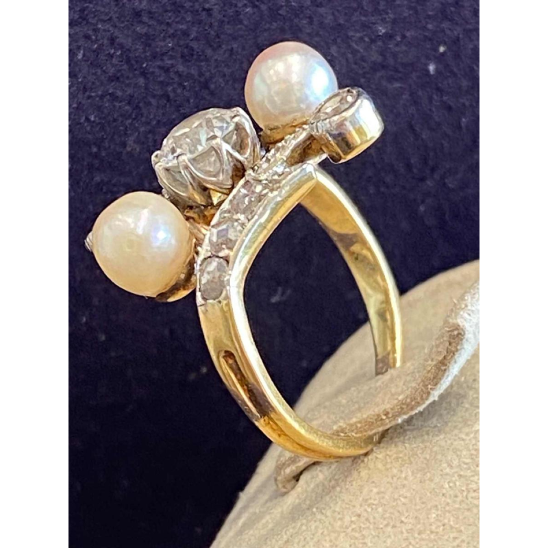 Bague belle époque “toi & moi“ or et platine, diamant taille ancienne & perles, ca 1900