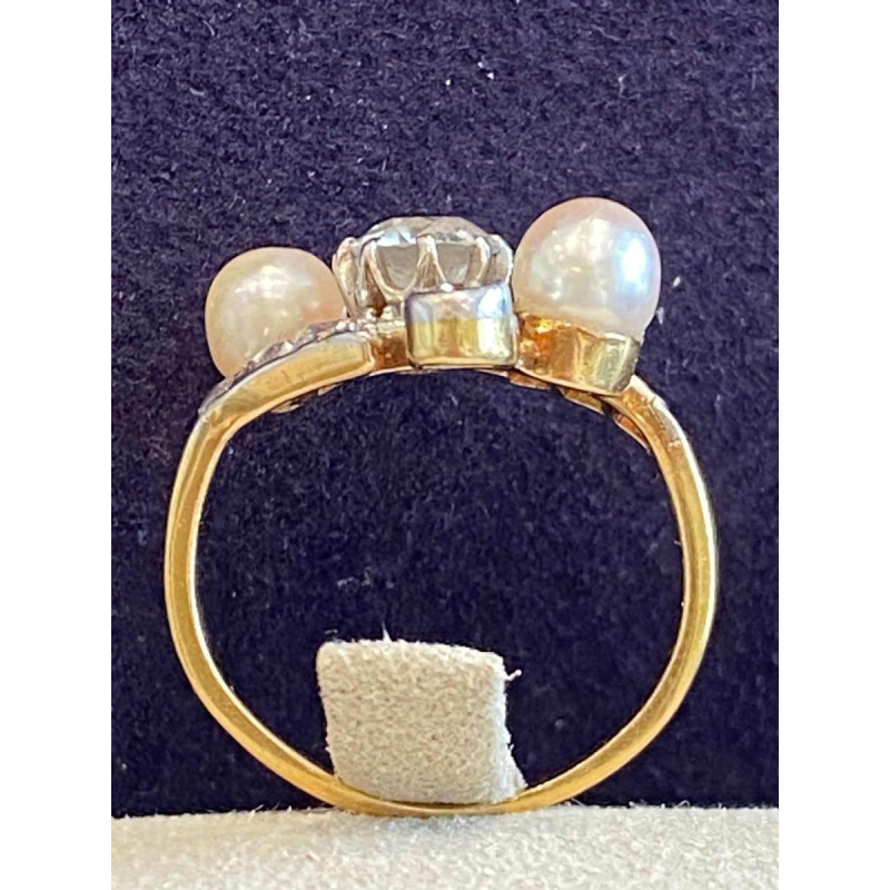 Bague belle époque “toi & moi“ or et platine, diamant taille ancienne & perles, ca 1900