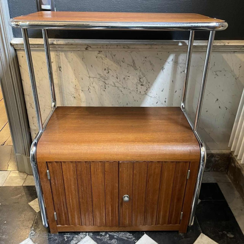 Meuble d'appoint moderniste Art De´co Bauhaus acier chromé tubulaire & bois 1930