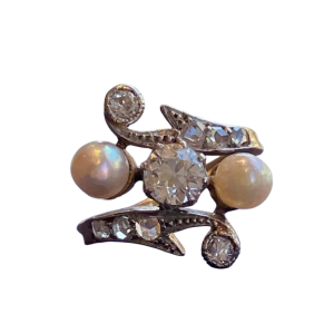 Bague belle époque “toi & moi“ or et platine, diamant taille ancienne & perles, ca 1900