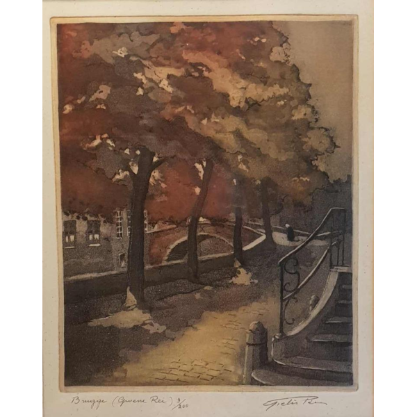 Gielis Pierre ‘ Groene rei (Bruges) ' engraving in colours, numbered and signed