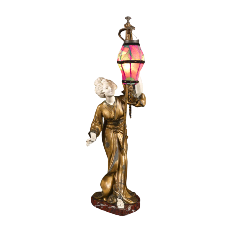 ADOLPHE ARMAND TRUFFIER "LA GEISHA AU LAMPION", statuette lamp, gilded regule sculpture, porcelain biscuit