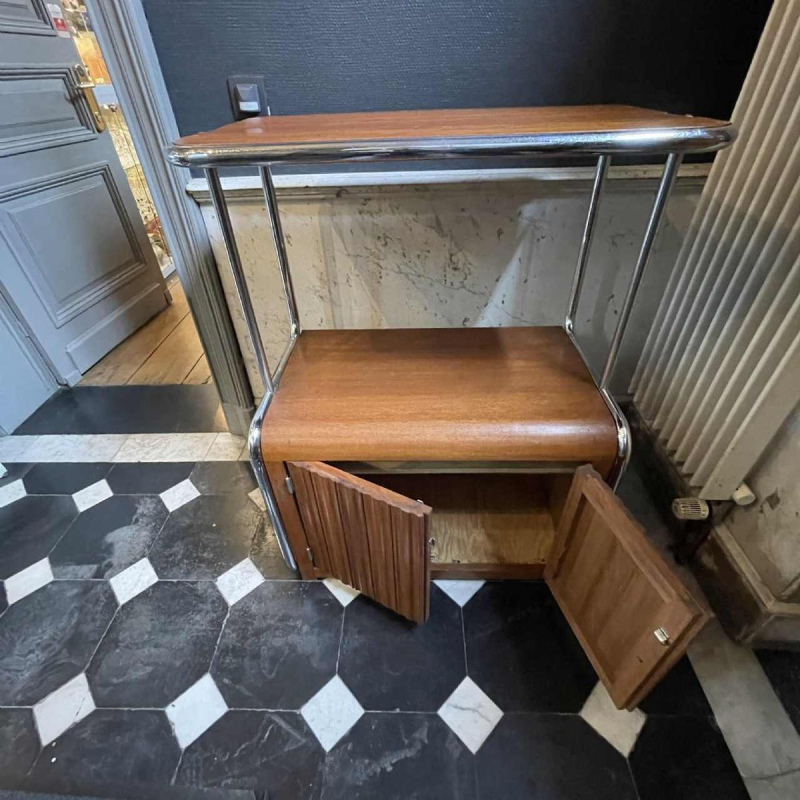 Meuble d'appoint moderniste Art De´co Bauhaus acier chromé tubulaire & bois 1930