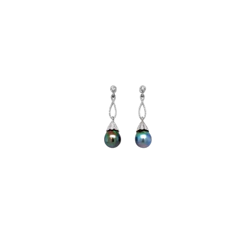Paire de boucles doreilles en or blanc, diamant & perles de Tahiti naturelles