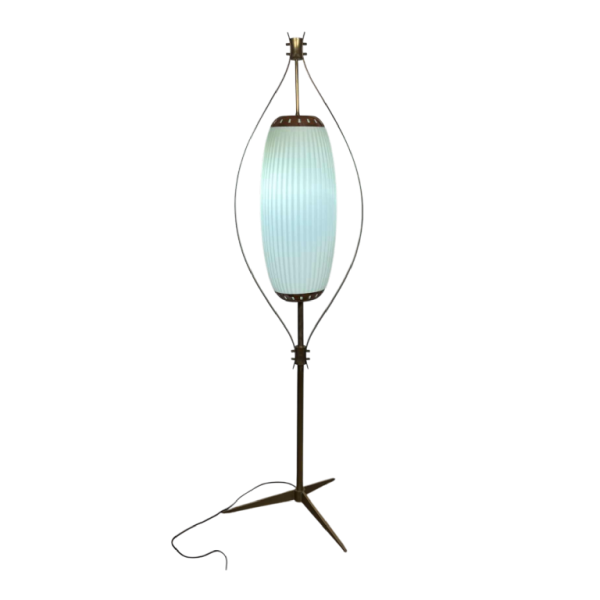Lampadaire Mid-century, verre de Murano opalin & laiton, style Angelo Lelii pour Arredoluce, Italie ca 1950