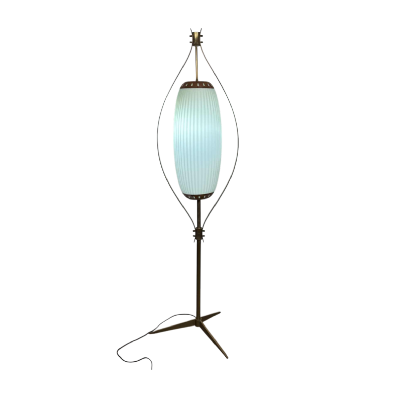 Mid-century floor lamp, opaline Murano glass & brass, style of Angelo Lelii for Arredoluce, Italy ca 1950