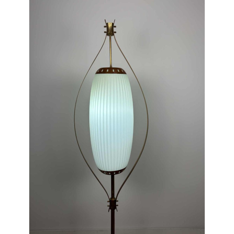 Mid-eeuwse vloerlamp, opaline Murano glas & messing, stijl of Angelo Lelii voor Arredoluce, Italië ca 1950