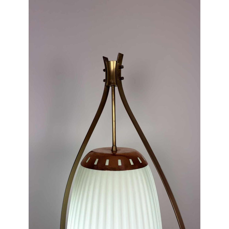 Mid-century floor lamp, opaline Murano glass & brass, style of Angelo Lelii for Arredoluce, Italy ca 1950